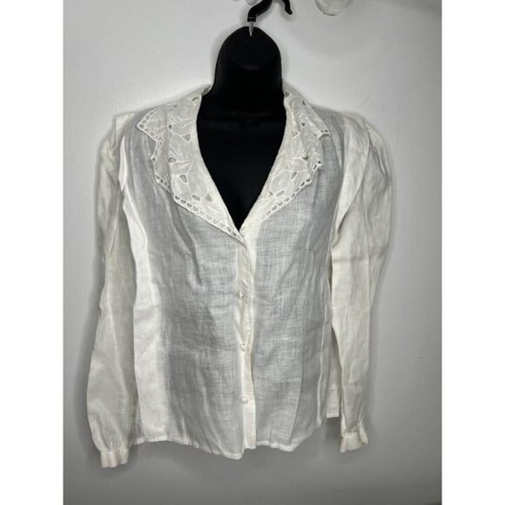 Vintage Cloak of Many Colors Ivory Linen Collar Blouse Size M/L